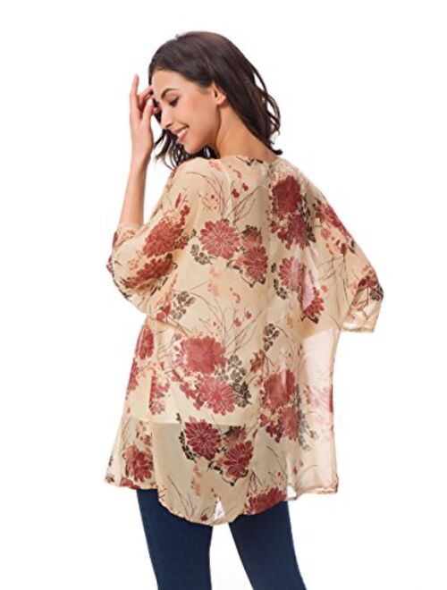 Kimonos for Women Beach Cover Up 3/4 Sleeve Cardigan Chiffon Leaf Print Tops Capes YQZB Swimsuit Smock 