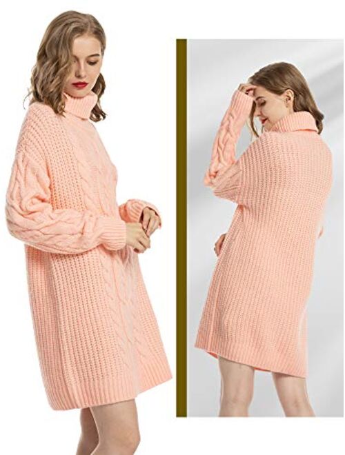 MessBebe Women's Cable Knit Turtleneck Sweater Dresses Long Sleeve Chunky Pullover Sweaters for Women Oversized Winter Dress