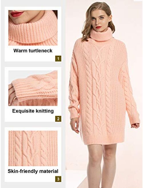 MessBebe Women's Cable Knit Turtleneck Sweater Dresses Long Sleeve Chunky Pullover Sweaters for Women Oversized Winter Dress