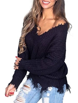 Dearlove Womens Casual Striped Distressed Sweater Loose V Neck Ripped Knit Pullover Tops