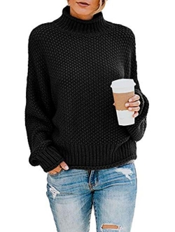 kayamiya Women's Turtleneck Sweaters Slouchy Puff Sleeve Chunky Knit Oversized Pullover Tops