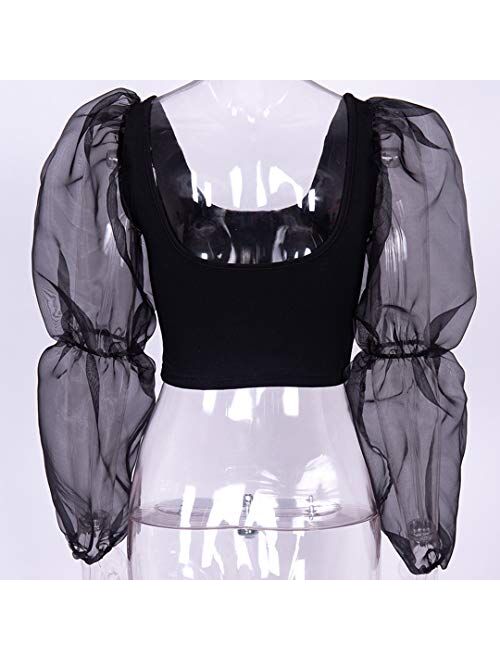 Maxrise Women's Elegant Long Puff Sleeve Square Neck Blouse Shirts Tops