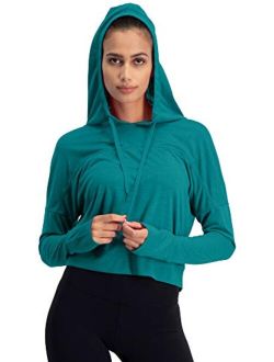 Dry Fit Crop Tops for Women - Long Sleeve Crop Top Hoodie - Women's Workout Pullover Top with Thumb Holes