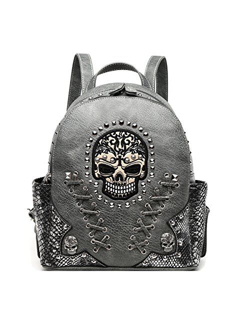Sugar Skull Punk Art Rivet Stud Biker Purse Women Fashion Backpack Python Daypack Shoulder Bag Wallet Set