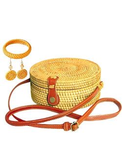 Mahajoy Round Rattan Woven handbag WITH GIFT BOX+FREE STRAW EARRING & BRACELET for women,beach SACRED GEOMETRY bag,Sri Yantra,wooden Crossbody clutch,basket Purse,vegan w