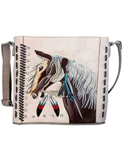 Justin West Dales Pony Horse White Mane Embroidery Feather Conceal Carry Women Handbag Purse