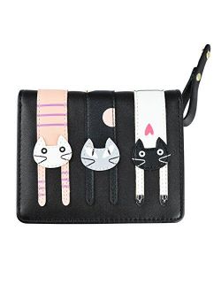 Girl's Short Cute Cat Purse, Buckle Zipper Cartoon Wallet, Small Clutch Handbag