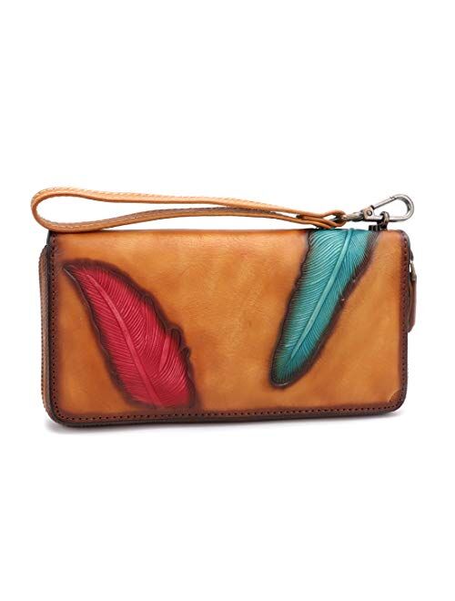 Women's Wallet Genuine Leather Zip Around Wristlet Long Purse Vintage Embossing Cowhide Capacity Handmade Clutch