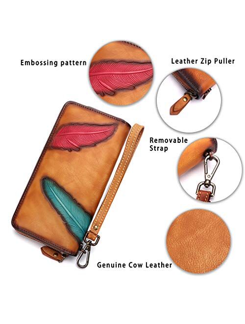 Women's Wallet Genuine Leather Zip Around Wristlet Long Purse Vintage Embossing Cowhide Capacity Handmade Clutch