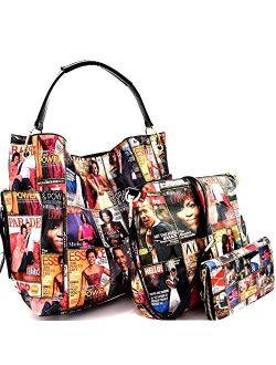 Michelle Obama Magazine Cover Print Multi Pocket 3 in 1 Single Strap Hobo Purse Handbag Crossbody Bag Wallet SET