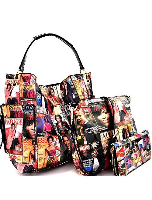 Michelle Obama Magazine Cover Print Multi Pocket 3 in 1 Single Strap Hobo Purse Handbag Crossbody Bag Wallet SET