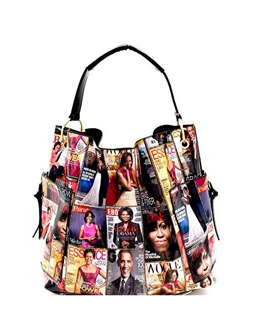 Michelle Obama Magazine Cover Print Multi Pocket 3 in 1 Single Strap Hobo Purse Handbag Crossbody Bag Wallet SET