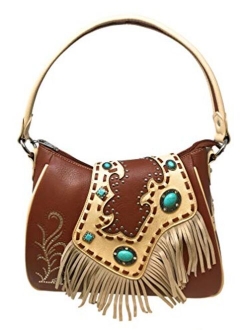 Ladies Shoulder Bag Purse Turquoise Rhinestones Leather Fringe