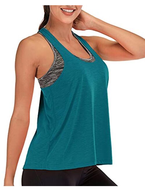 FAFAIR Workout Tops for Women Built in Bra Loose Tank Exercise Top Racerback Athletic Tank Yoga Shirt