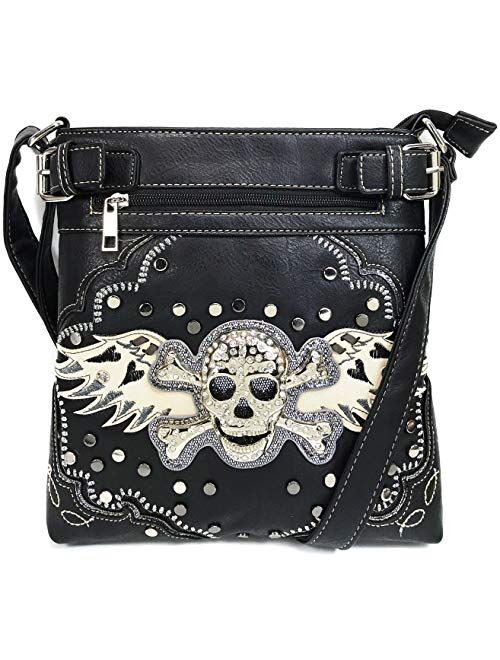 Justin West Rhinestone Skull Embroidery Floral Design Shoulder Chain Handbag