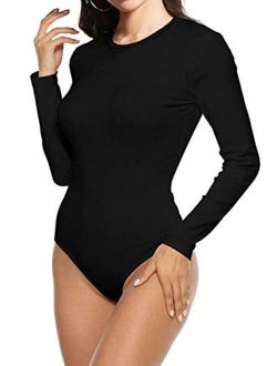 SUNRO Women's Sexy Long Sleeves Round Neck Basic Leotard Bodysuit Jumpsuit