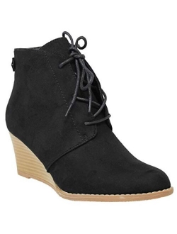 MVE Black Faux Leather Lice Up Ankle High Heel Wedges Booties 