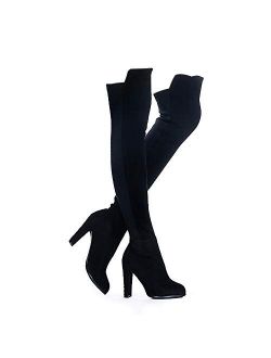 Shoe'N Tale Women Faux Suede Chunky Heel Stretch Over The Knee Thigh High Boots