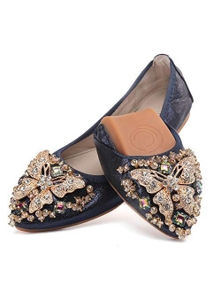 Cattle Shop Women's Foldable Flats Rhinestone Sparkly Wedding Shoes Comfort Slip On Pointed Toe Ballet Flat Shoe