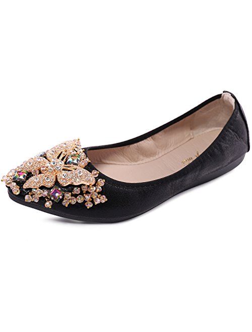 Cattle Shop Women's Foldable Flats Rhinestone Sparkly Wedding Shoes Comfort Slip On Pointed Toe Ballet Flat Shoe