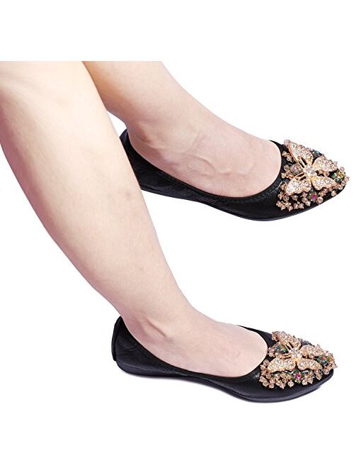 Cattle Shop Womens Foldable Ballet Flats Rhinestone Pointed Toe Comfortable Slip on Wedding Flat Shoes Dress Flats for Women