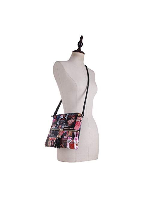 Glossy Magazine Cover Lightweight Medium Crossbody Bag with Tassel Michelle Obama Purse