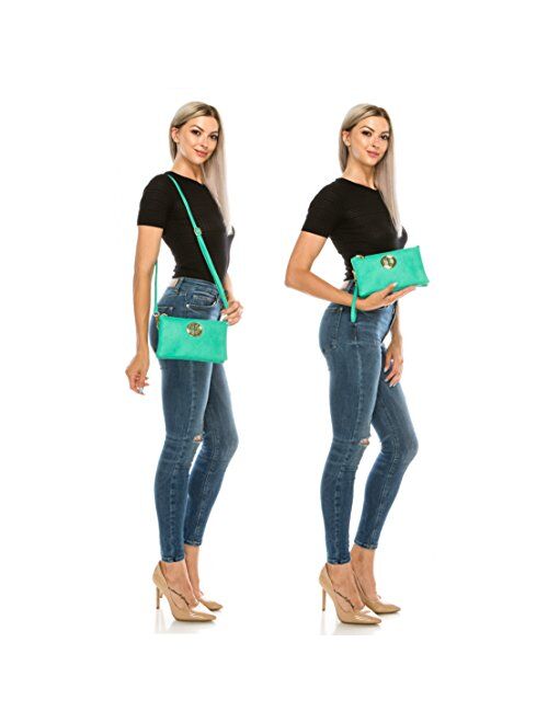 Solene Womens and Girls Multi Compartment Functional Emblem Crossbody Bag With Detachable Wristlet