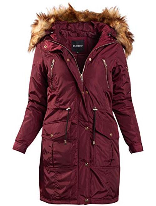 bebe Women's Outerwear - Heavyweight Insulated Long Length Parka Jacket with Faux Fur Hood