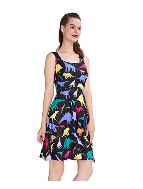 Fanient Womens Sleeveless Dress Casual Print Scoop Neck Sundress A Line Midi Dresses