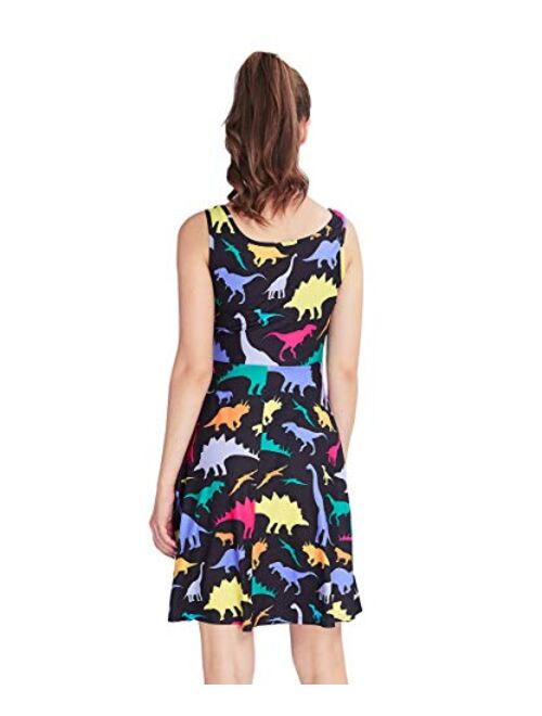Fanient Womens Sleeveless Dress Casual Print Scoop Neck Sundress A Line Midi Dresses