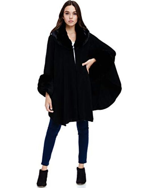 Womens Faux Fur Trim Poncho - Sweater Luxe Winter Coat Wrap