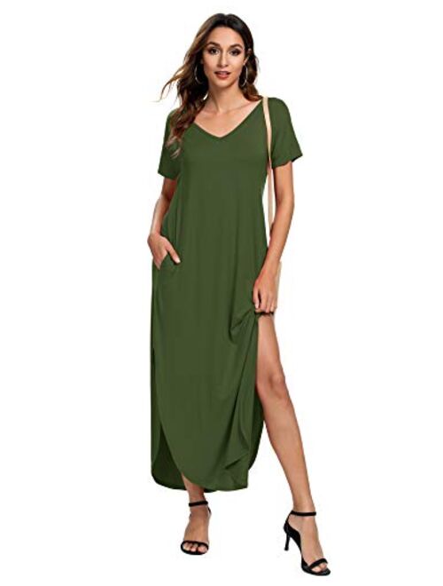 AKEWEI Summer Maxi Dresses for Women,V Neck Short Sleeve Long Dresses & Plain Loose Casual Beach Dress with Pocket