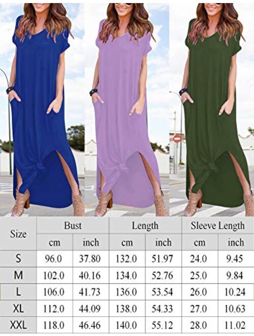 AKEWEI Summer Maxi Dresses for Women,V Neck Short Sleeve Long Dresses & Plain Loose Casual Beach Dress with Pocket