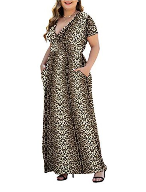 HAOMEILI Women's L-5XL Short Sleeve V-Neck Plus Size Casual Maxi Dresses with Pockets