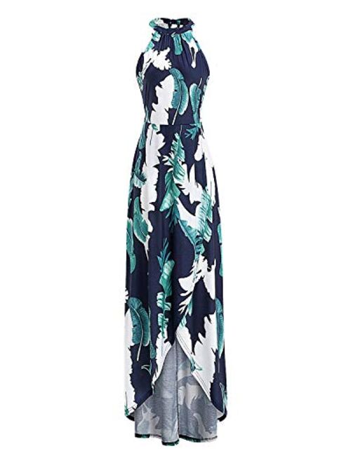STYLEWORD Women's Halter Neck Sleeveless Casual Summer Beach Front Split Floral Maxi Long Dress