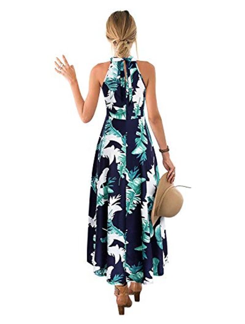 STYLEWORD Women's Halter Neck Sleeveless Casual Summer Beach Front Split Floral Maxi Long Dress
