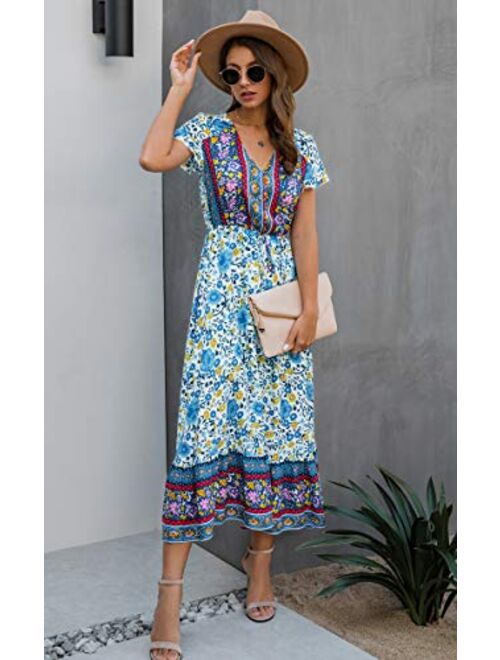 Angashion Women Dresses-Summer Casual Short Sleeve High Waist V Neck Floral Print Button Up Maxi Dress