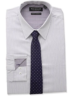 Nick Graham Men's Modern Fitted Pencil Strip Stretch Shirt with Micro Neat Tie