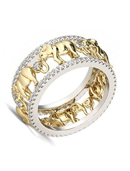 ULAKY Yellow Gold Beautiful Elephant Animal Ring Lucky Elephant Ring