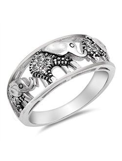 White CZ Filigree Elephant Ring .925 Sterling Silver Bali Bead Band Sizes 4-12
