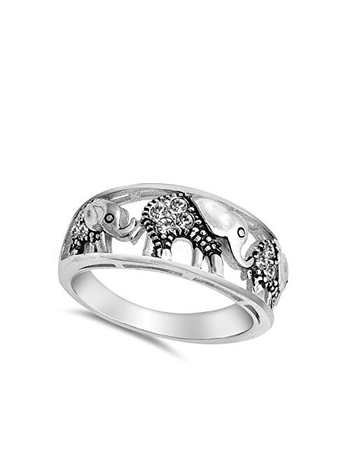 White CZ Filigree Elephant Ring .925 Sterling Silver Bali Bead Band Sizes 4-12