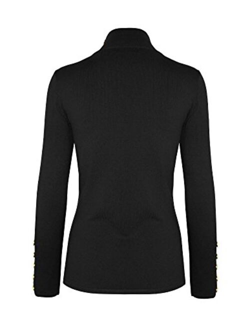 Cielo Women's Solid Stretch Turtleneck Buttons Pullover Knit Sweater Black L