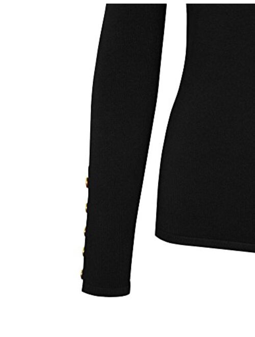 Cielo Women's Solid Stretch Turtleneck Buttons Pullover Knit Sweater Black L