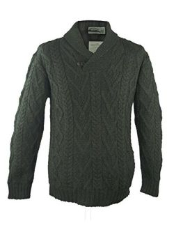 100% Irish Merino Wool Shawl Collar Aran Sweater, Natural, Large