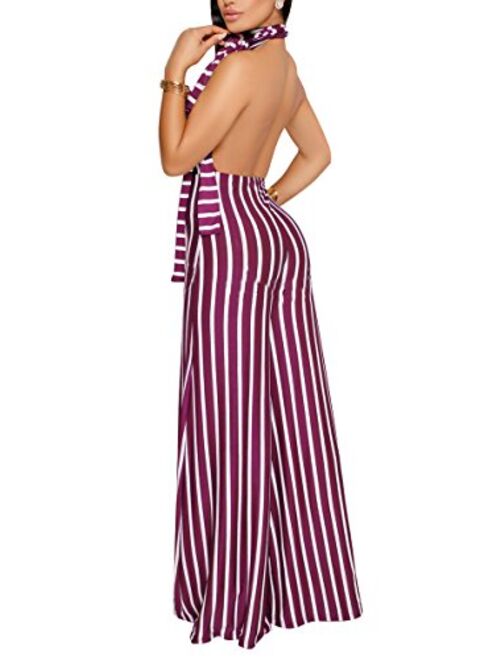 sexycherry Women's Sexy Off Shoulder Jumpsuits Casual Bandage High Waist Wide Leg Backless Long Pants Rompers
