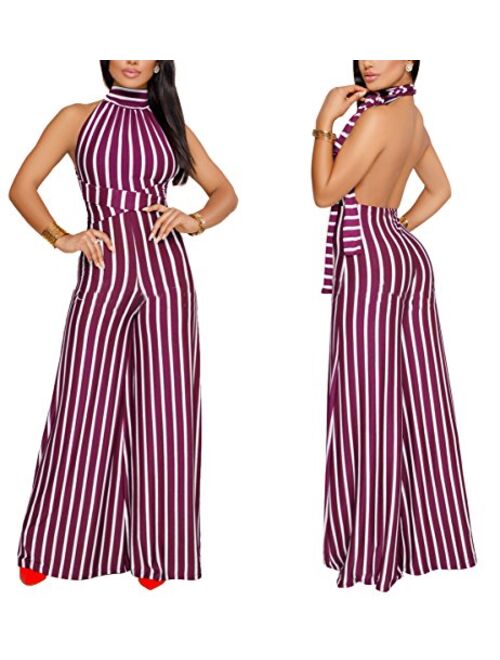 sexycherry Women's Sexy Off Shoulder Jumpsuits Casual Bandage High Waist Wide Leg Backless Long Pants Rompers