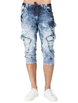 Level 7 Men's Premium Jogger Capri Knit Denim Shorts Distressed Cargo Pocket 18" Inseam
