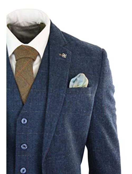 Mens 3 Piece Navy Blue Suit Tweed Check 1920's Peaky Blinders Tailored Fit Vintage