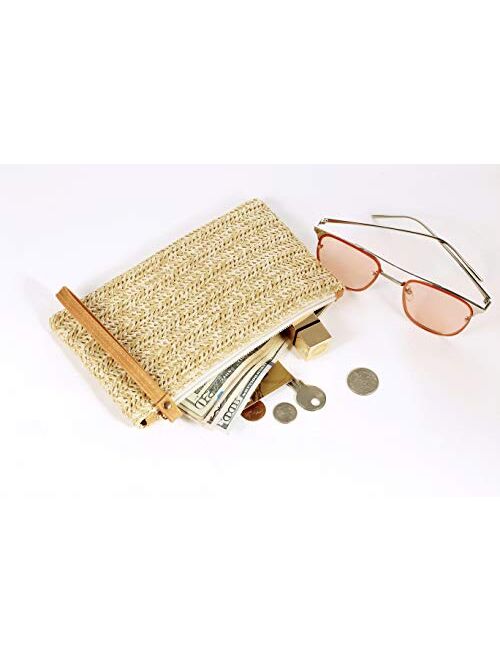 Womens Straw Clutch Bag Bohemian Summer Beach Straw Purse Zipper Wristlet Wallets for Women