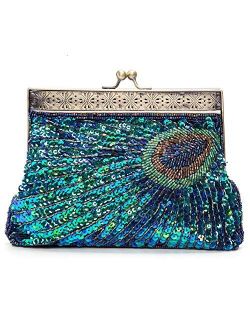 KISSCHIC Vintage Beaded Sequin Peacock Clutch Purse Evening Bags (Blue)